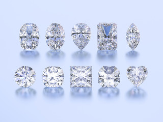 3D illustration ten different white gemstones diamonds