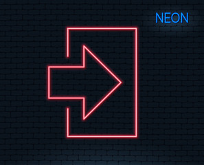 Neon light. Login arrow line icon. Sign in symbol. Navigation pointer. Glowing graphic design. Brick wall. Vector