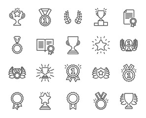 Awards line icons. Set of Winner medal, Victory cup and Laurel wreath signs. Reward, Certificate and Diploma message symbols. Glory shield, Prize and Rank star. Quality design elements. Vector
