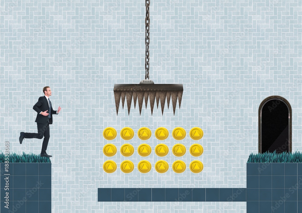 Poster businessman in computer game level with coins and traps