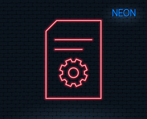Neon light. Document Management line icon. Information File with Cogwheel sign. Paper page concept symbol. Glowing graphic design. Brick wall. Vector