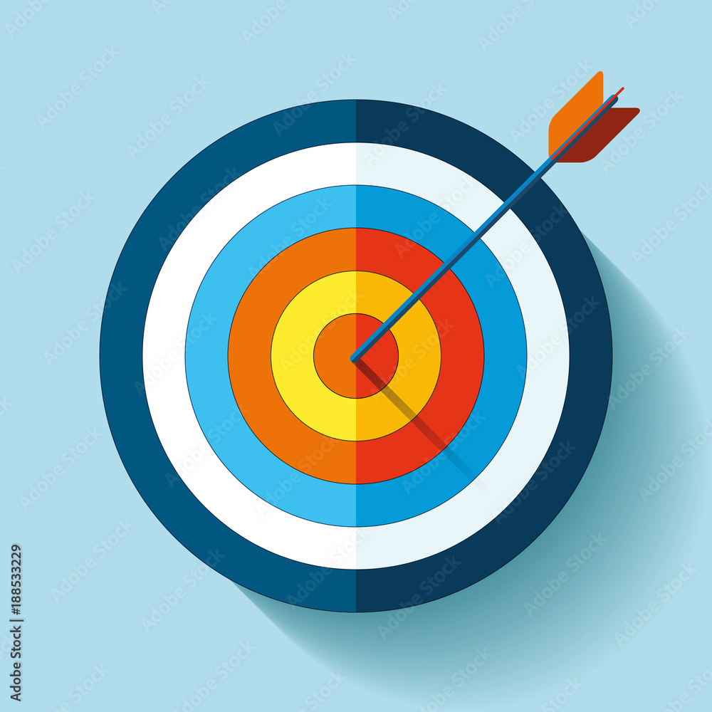 Poster target icon in flat style on color background. arrow in the center aim. vector design element for yo
