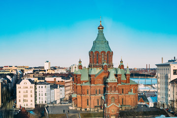 Obraz premium Helsinki, Finland. Uspenski Cathedral On Hill At Winter Sunny Day