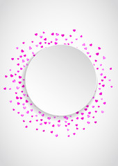 Valentine paper frame with red glitter hearts. February 14th day. Vector confetti for valentine paper frame. White banner with hand drawn texture. Love theme for voucher, special business ad, banner