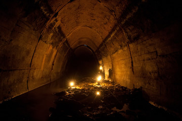 Flooded by dirty industrial wastewater sewage collector. Sewer tunnel under city full of garbage 