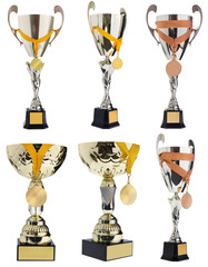 Winner's cup, silver, gold prize in the competition with a medal.. Trophy in championships isolated...
