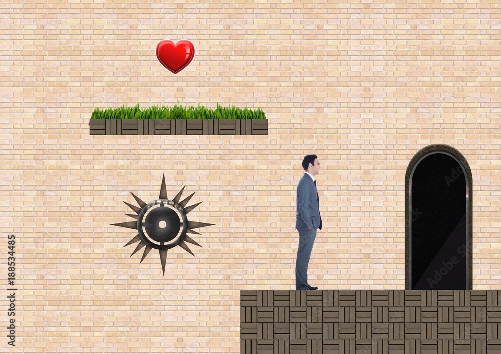 Poster businessman in computer game level with heart and trap