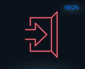 Neon light. Exit line icon. Open door sign. Entrance symbol with arrow. Glowing graphic design. Brick wall. Vector