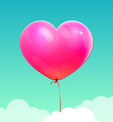 Fototapeta na wymiar Pink heart shape balloon fly in the blue sky. Love symbol for valentines day greeting cards, for wedding invitations and birthday background. Vector illustration for poster, flyer, postcard . EPS 10