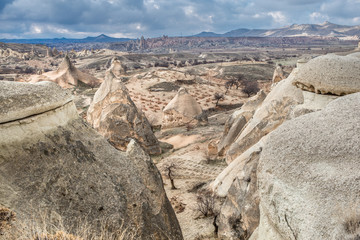 Amazing landscapes with quaint rocks in Cappadocia, Turkey, are loved and visited by tourists from all over the world