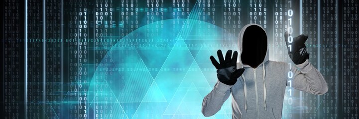 Anonymous hacker with computer code binary interface