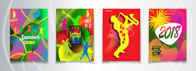 2024 Unique Jazz Dance Festival modern design posters set. Attraction flyer, Carnival Event banner around world - Different technique dynamic colorful abstract, tropical, modern art template.