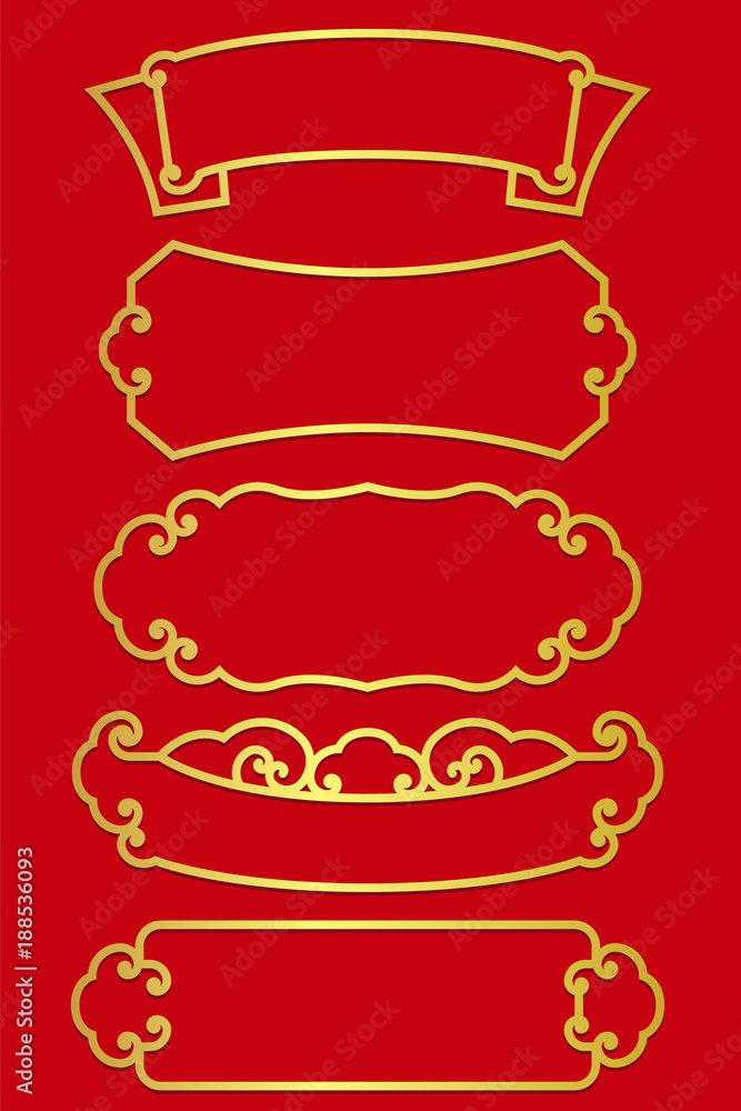 Aufkleber gold chinese border line frame for head title set on red background vector design