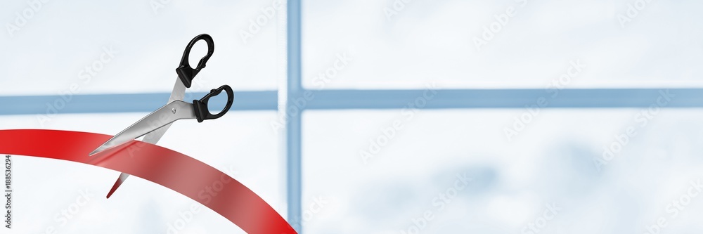 Poster scissors cutting ribbon with window