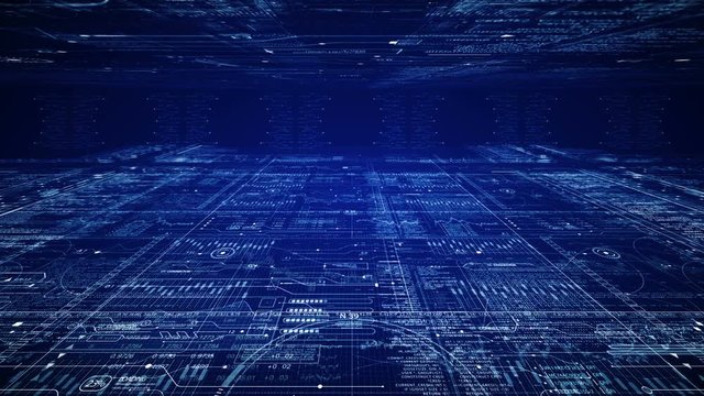 HUD technological intro.Flying through digital HUD sci fi cyber space.Techno background.Blue futuristic interface with running code text.Good for tech titles and background, news headline.