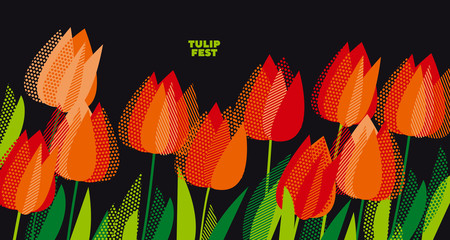 Abstract modern vivid floral motif for surface design. Cool spring pattern with geometric decorative red and orange tulip flowers, design elements. © galyna_p