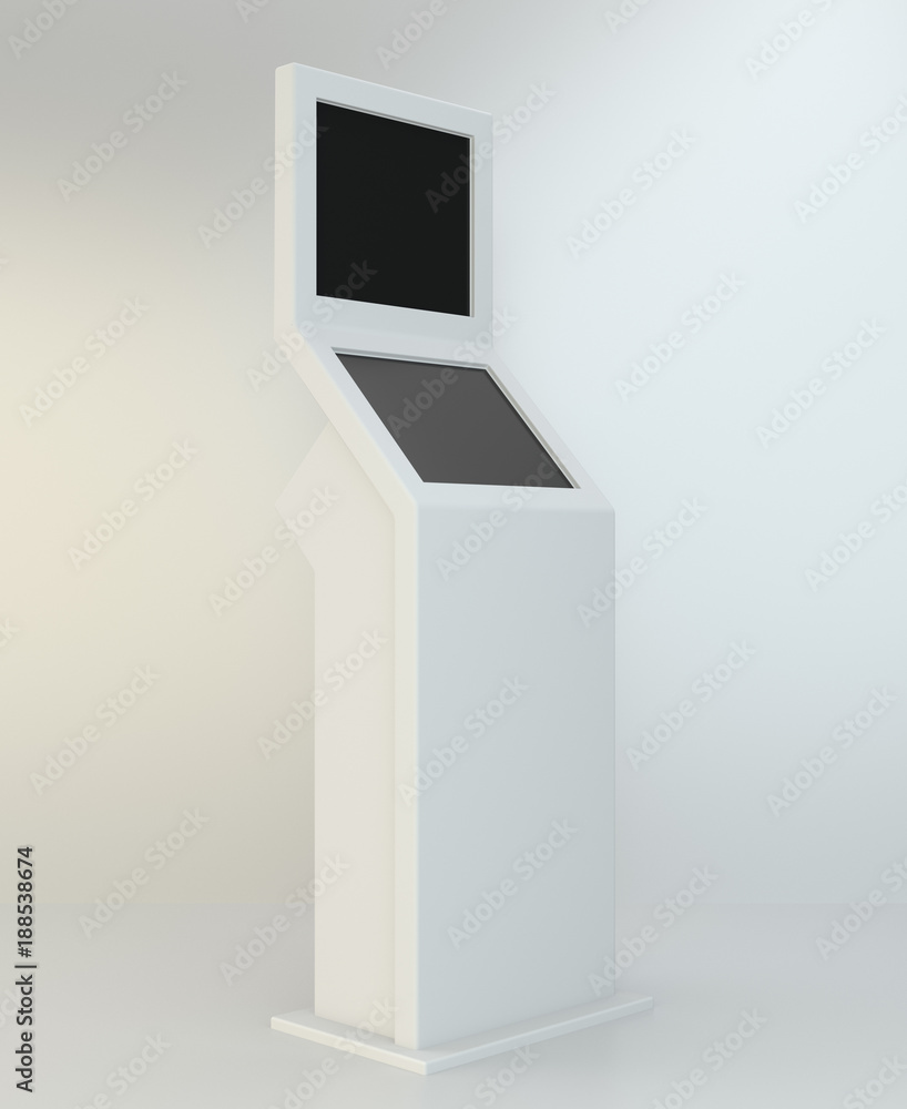 Poster information terminal. interactive kiosk on white background. 3d rendering.