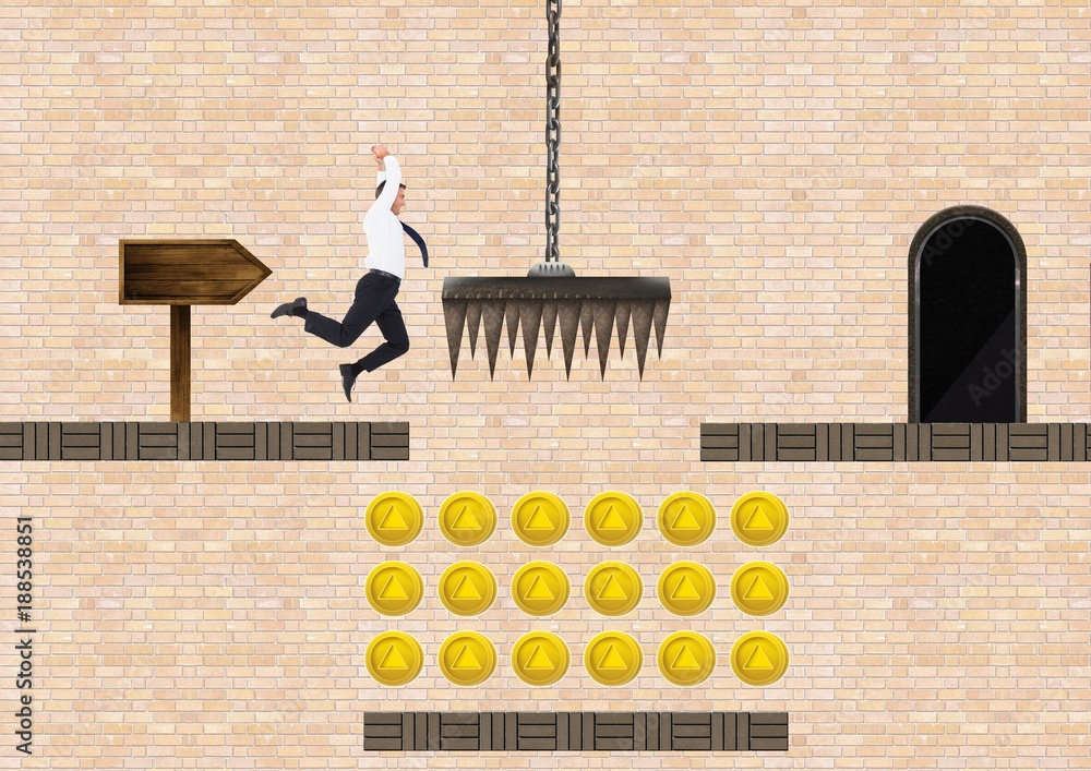 Poster businessman in computer game level with coins and trap