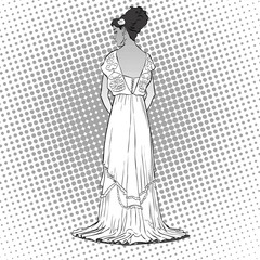 The sketch with the young graceful model. Back view of the dress. Long evening gown with open back.