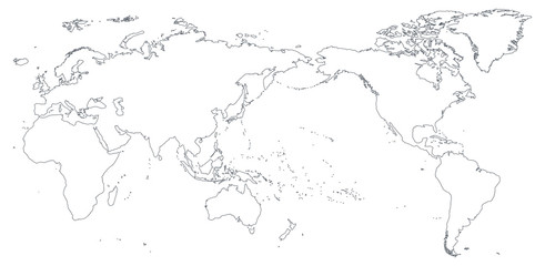 World Map Outline Contour Silhouette - Asia in Center