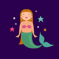 Vector cute poster with mermaid. Cartoon magic illustration