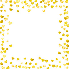 Valentines day card with gold glitter hearts. February 14th. Vector confetti for valentines day card template. Grunge hand drawn texture. Love theme for gift coupons, vouchers, ads, events.
