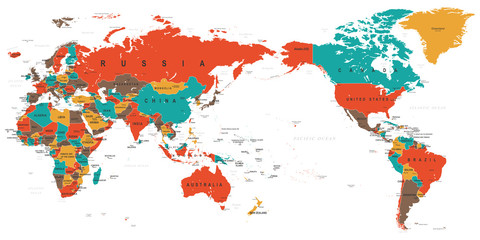 Fototapeta na wymiar World Map Color Detailed - Asia in Center