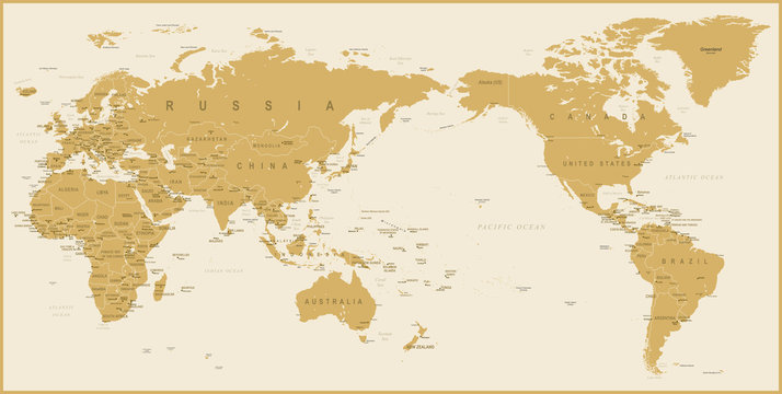 World Map Golden Detailed - Asia in Center