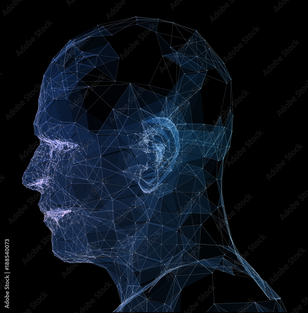 Poster abstract glowing polygonal head background with neurons. artificial intelligence and network concept