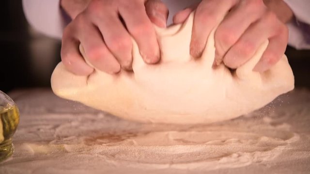 Kitchen Master Chef Making Italian Pasta Dough. Closeup Video.