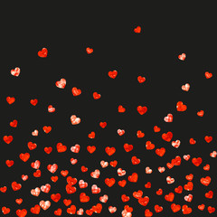 Valentines day sale with red glitter hearts. February 14th day. Vector confetti for valentines day sale template. Grunge hand drawn texture. Love theme for gift coupons, vouchers, ads, events.