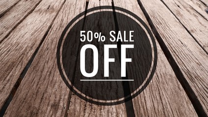 Slope pattern of closeup surface of dry and dirty wooden board with "50% SALE OFF" banner background.