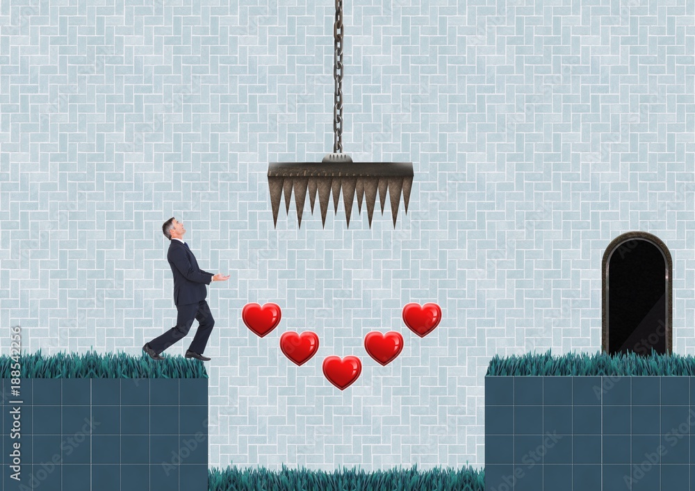 Aufkleber businessman in computer game level with hearts and traps