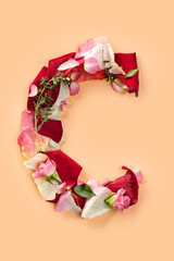 Letter C made from red roses and petals isolated on a white background