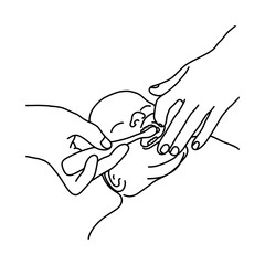 mother trying to brush teeth  of baby vector illustration sketch hand drawn with black lines, isolated on white background