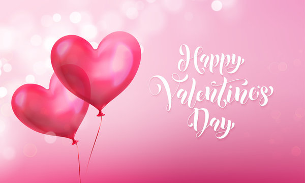 Valentines day greeting card of valentine red heart balloon on pink light shine background. Vector Happy Valentines day text lettering design template of glossy balloon heart
