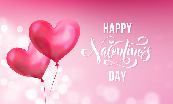Valentines day greeting card of valentine red heart balloon on pink light shine background. Vector Happy Valentines day text lettering design template of glossy balloon heart