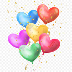 Heart balloons bunch and golden glitter stars confetti isolated on transparent background for Birthday party, Valentines Day or wedding decoration design. Vector helium heart colorful ballons bundle © Ron Dale