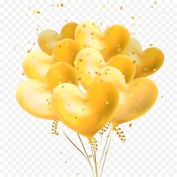 Heart balloons bunch and golden glitter stars confetti isolated on transparent background for Birthday party, Valentines Day or wedding decoration design. Vector helium heart yellow ballons bundle