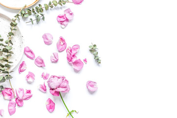 woman table with rose flower top view white background space for