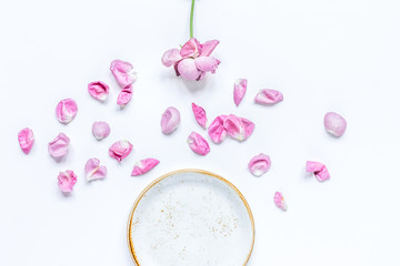 Spring trendy disign with flowers on white table background top 