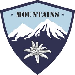 Emblem of mountain climbing. Symbol of outdoor adventure and Alp mountains. Hiking badges label. Blooming edelweiss flower. Travel, climber, camping, ski resort template. Vector silhouette.