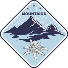 Emblem of mountain climbing. Symbol of outdoor adventure and Alp mountains. Hiking badges label. Blooming edelweiss flower. Travel, climber, camping, ski resort template. Vector silhouette.