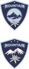 Emblem of mountain climbing. Symbol of outdoor adventure and Alp mountains. Hiking badges label. Blooming edelweiss flower. Travel, climber, camping, ski resort template. Vector silhouette.