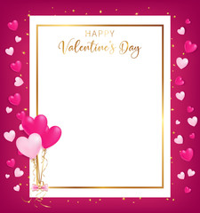white space board with gold border and happy valentine's day text ,golden heart glitter drop beside board ,balloons tie to gift box,  artwork usage in advertising decorative or cerebrate invitation.