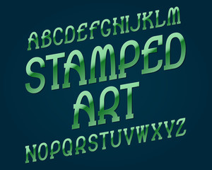 Stamped Art typeface. Green metallic font. Isolated english alphabet.