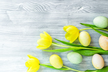 Easter concept eggs with tulip top view mock up