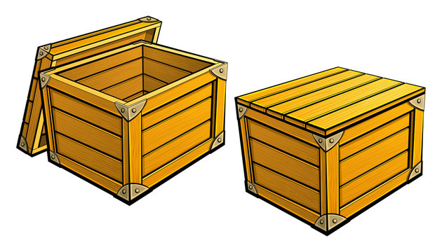 Cartoon wooden box. Open and closed.