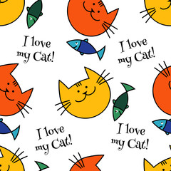 Seamless pattern with Hipster Cute Cats. Funny lovely Cats. Cloth design, wallpaper. Textile rapport.