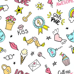 Peel and stick wall murals Girls room Seamless pattern with hand drawn girly doodles. Repeating background with childish sketch design elements for textile, wallpaper, scrapbooking.